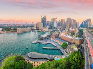 Downtown Sydney skyline in Australia from top view at twilight - Sharon Carr Travel