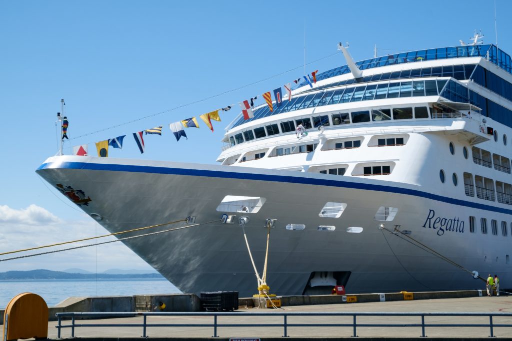 Bow of Oceania Cruise ship Regatta at dock in Seattle - Sharon Carr Travel